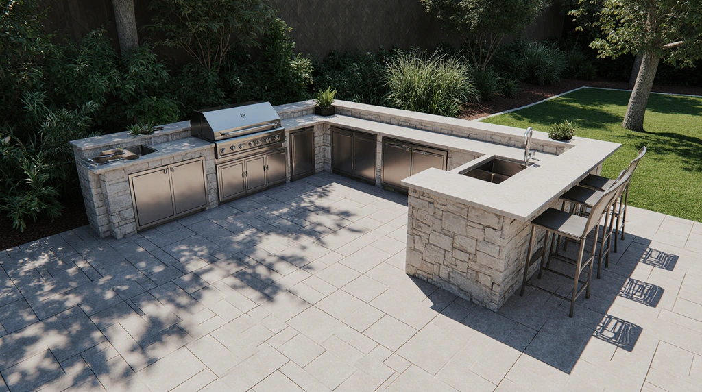 U Shaped Outdoor Kitchen with Bar